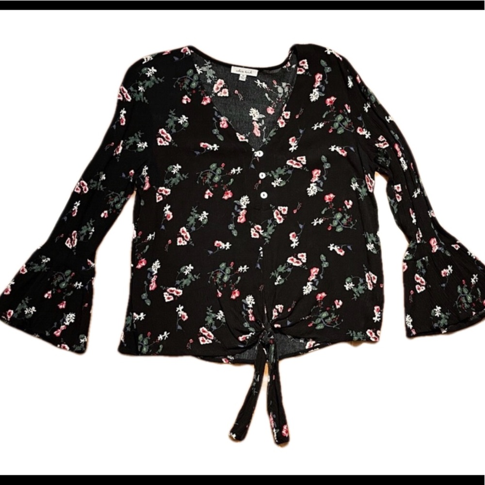 White Birch Tie Front Floral Button Down Blouse